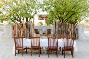 a wooden table with chairs